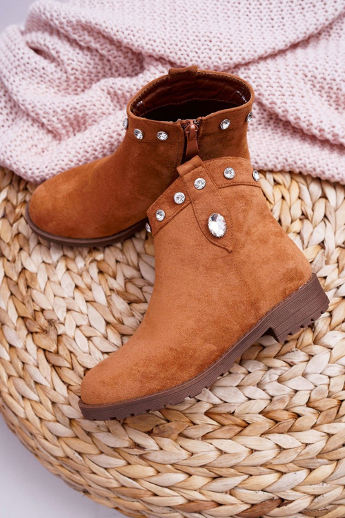 Młodzieżowe Botki z Kryształkami Płaski Obcas Camel Venici