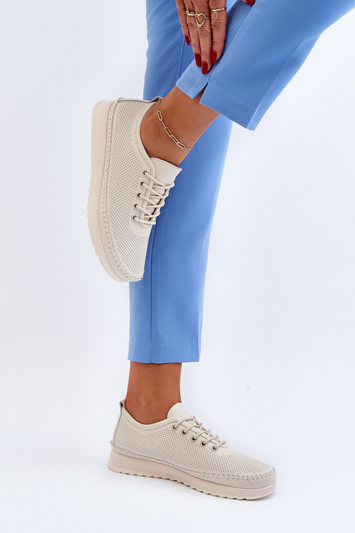 Skórzane Sportowe Buty Trampki Damskie Beżowe Lalnai