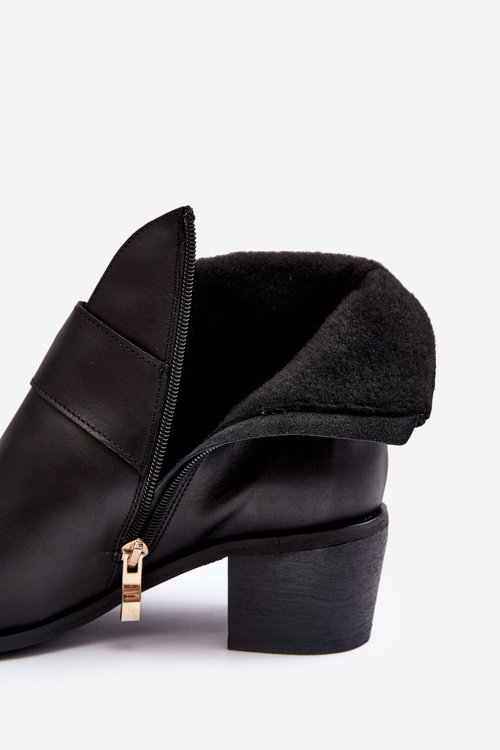 Skórzane Botki Damskie Na Niskim Słupku Z Klamrą Czarne Liliane