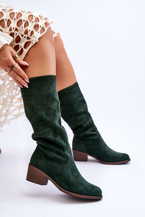 Damskie Zamszowe Kozaki Z Ażurowym Wzorem Zielone Enrissa
