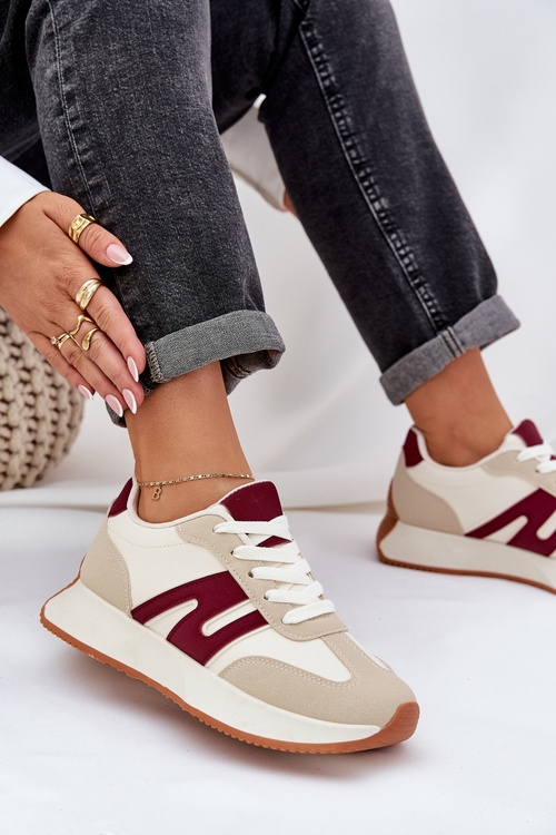 Buty Sportowe Damskie Na Platformie Beżowo-Bordowe Emidi