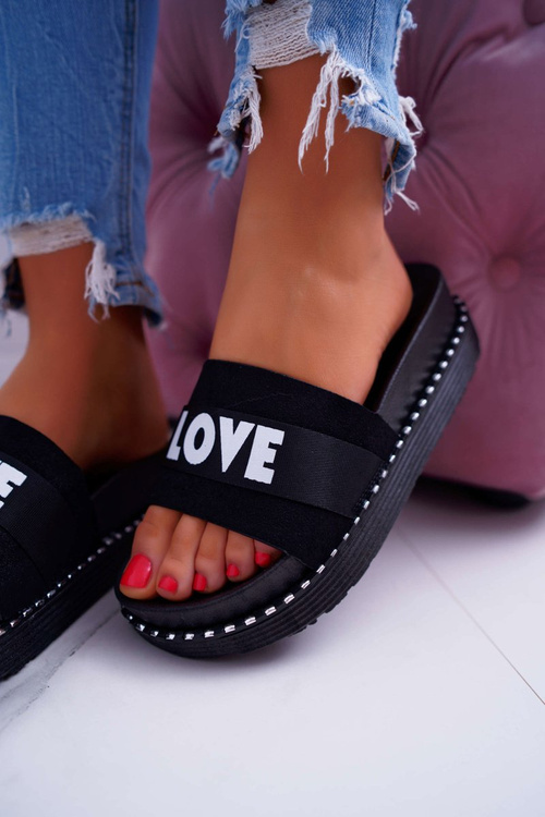 Damskie Klapki Na Platformie Z Dżetami Love Czarne MoreLove