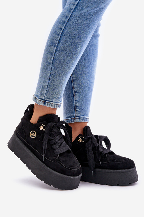 Ocieplane Futerkiem Sneakersy Damskie Na Platformie Czarne Velarisea