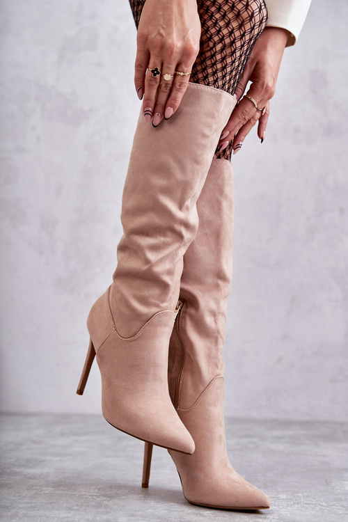 Klasyczne Zamszowe Kozaki Na Szpilce Beżowe Ameya