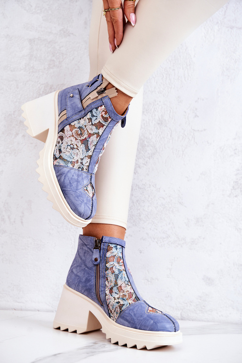 Skórzane Botki Na Masywnym Słupku Maciejka Niebieskie 05325-06