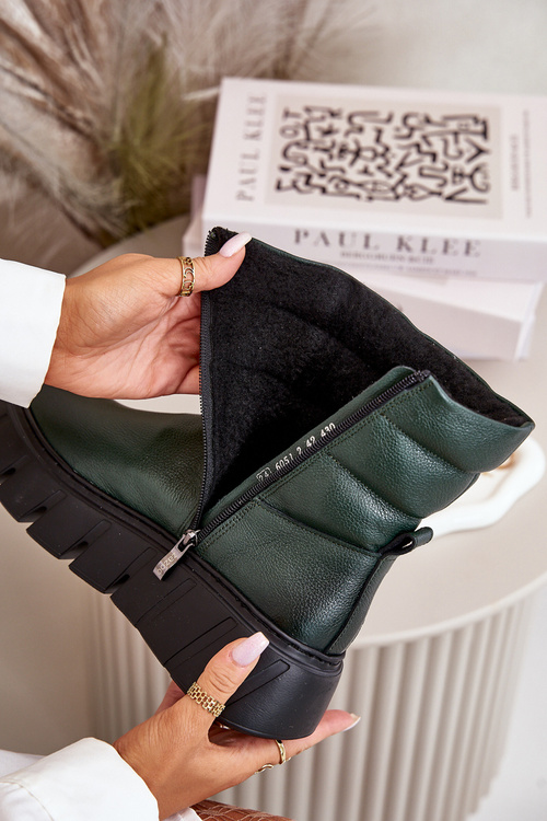 Zazoo 60512 Botki Damskie Skórzane Na Zamek Ocieplane Filcem Ciemnozielone