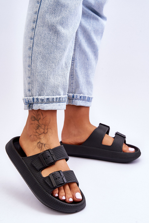 Damskie Piankowe Klapki Z Paskami Czarne Sharmen