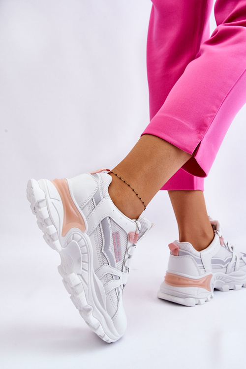 Modne Damskie Sneakersy Na Platformie Biało-Różowe Biko