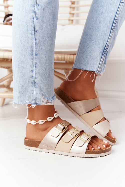 Skórzane Profilowane Klapki Big Star HH274585 Beżowo-Złote