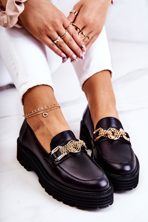 Damskie Półbuty Złota Ozdoba Skórzane Laura Messi 2383 Czarne