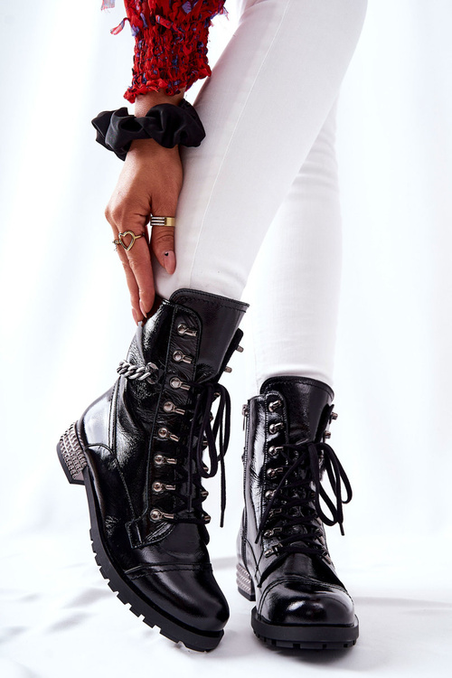 Skórzane Botki Workery Laura Messi Czarne 2209