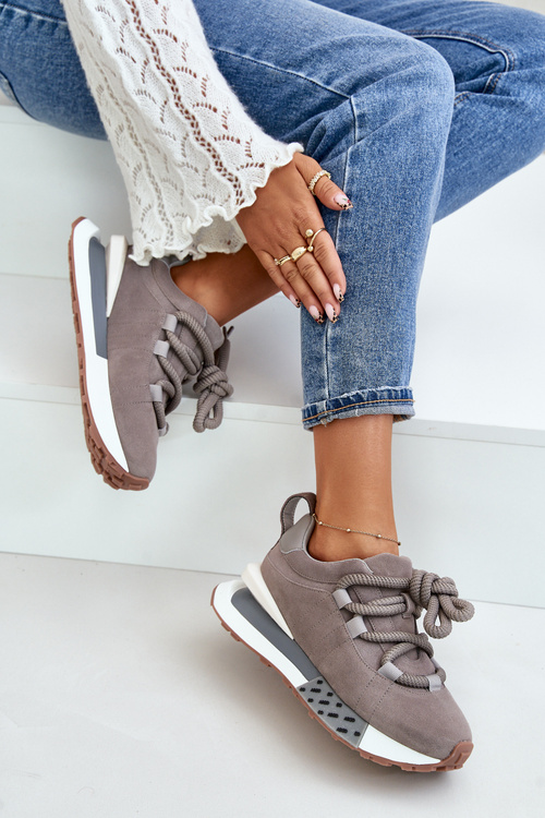 Zamszowe Sneakersy Damskie Na Platformie Z Grubym Sznurowaniem Artiker 54C1463 Szare