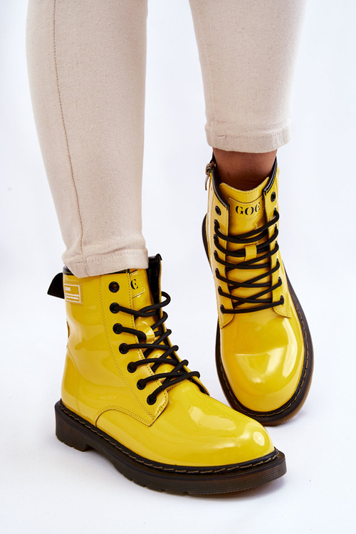 Damskie Lakierowane Botki Ocieplane GOE II2N4054 Żółte