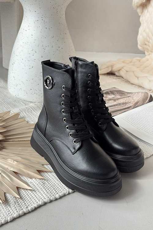 Botki Workery Damskie Ocieplane Na Platformie Z Ozdobnym Detalem Vinceza 16513 Czarne