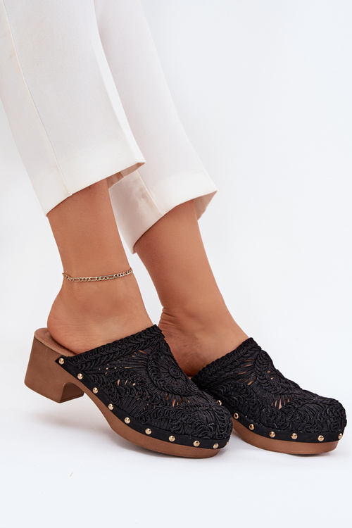 Szydełkowe Klapki Damskie Na Obcasie Czarne Senevia