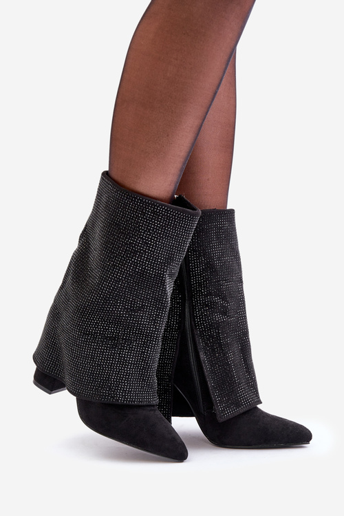 Zdobione Błyszczące Botki Z Wywiniętą Cholewką Na Słupku Ocieplane Czarne Xistaria