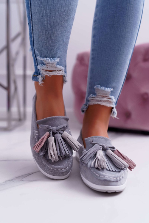 Mokasyny Damskie Skórzane Zamszowe Z Frędzlami Szare Batist