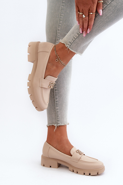 Eleganckie Mokasyny Damskie Ze Złotą Ozdobą Beżowe Tosisa