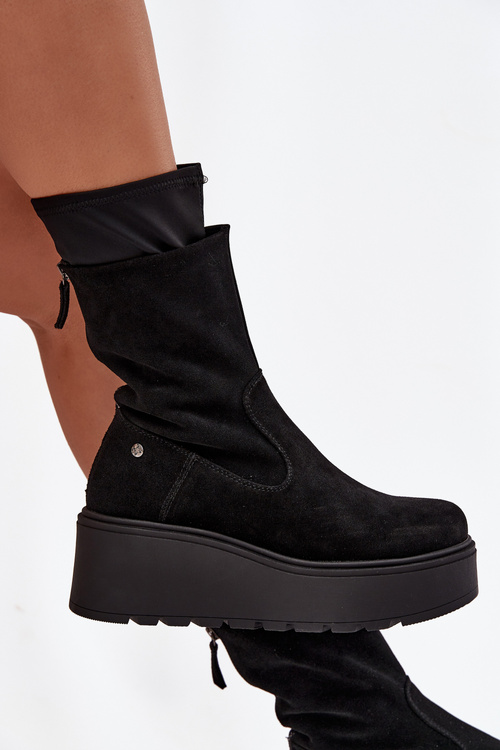 Damskie Skórzane Zamszowe Botki Na Masywnej Platformie Maciejka A7161-20 Czarne