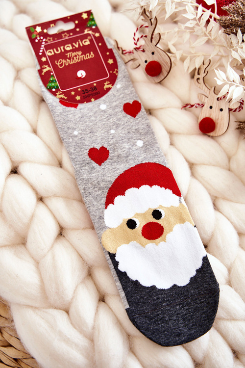 Damskie Świąteczne Skarpety Ze Wzorem Mikołaj Szare
