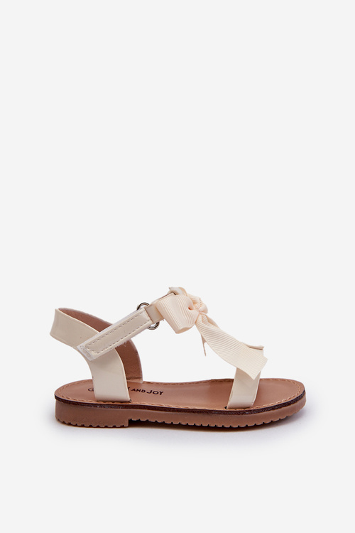Lakierowane Sandałki Dziecięce Z Kokardką Na Rzep Jasnobeżowe Joratia