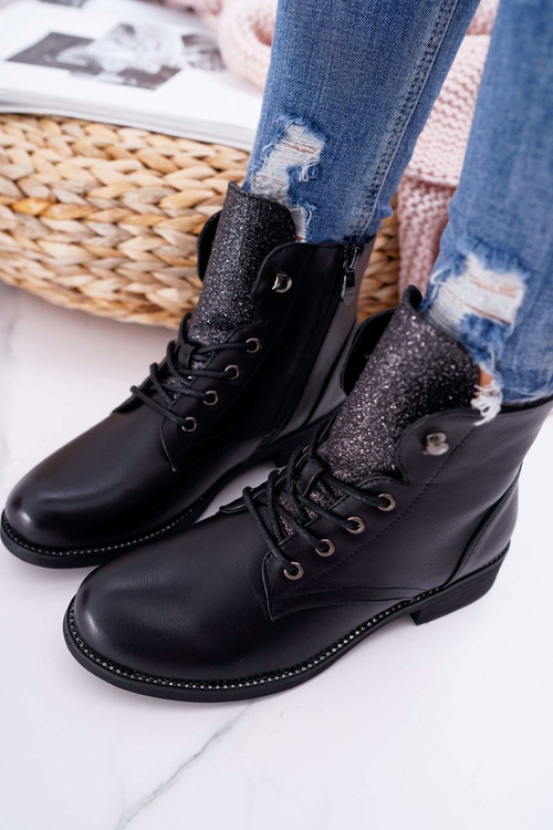 Damskie Botki Workery Płaski Obcas Czarne Flumen