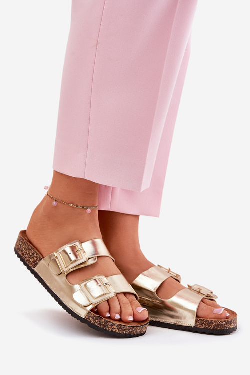 Klapki Damskie Z Klamrami Na Korkowej Podeszwie Złote Sercele