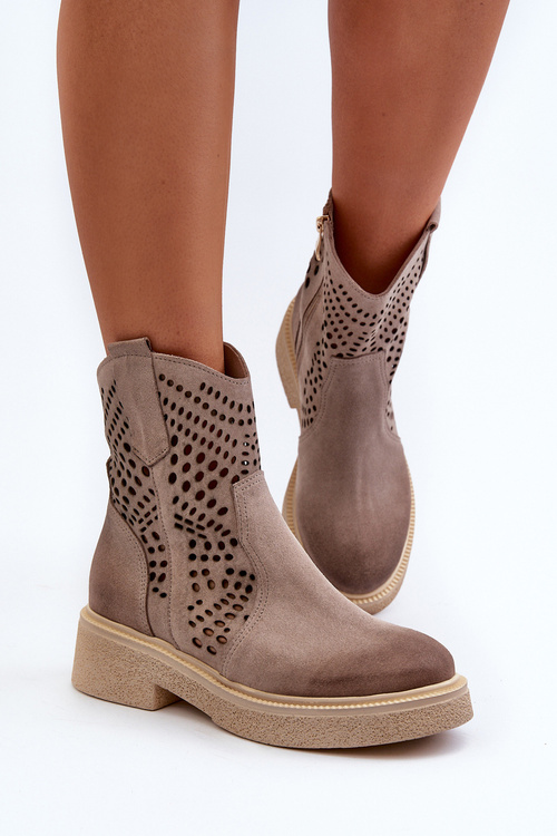 Zazoo 3470 Zamszowe Botki Damskie Na Płaskim Obcasie Ażurowe Cappuccino