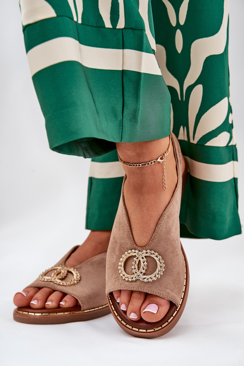 Sandały Damskie Z Ozdobą Na Płaskim Obcasie Eko Zamszowe Ciemnobeżowe Ralisses