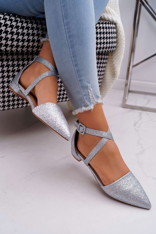 Damskie Balerinki Brokatowe w Szpic Srebrne Vontare