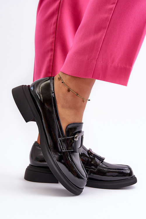 Skórzane Lakierowane Mokasyny Damskie Czarne Fidodia