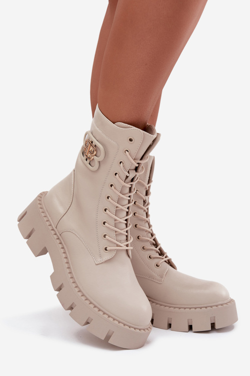 Ocieplane Botki Wokrery Damskie Z Ozdobą Jasnobeżowe Melisse