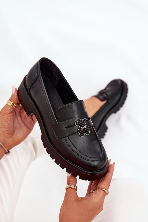 Skórzane Mokasyny Damskie Z Przypinką Miś Vinceza 18109 Czarne