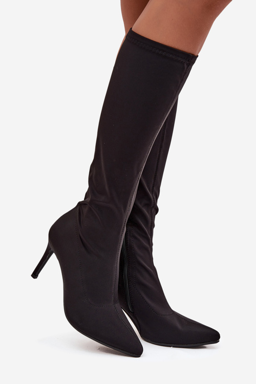 Materiałowe Kozaki Damskie Na Szpilce S.Barski HY52-513 Czarne