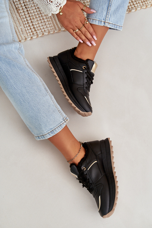 Buty Sportowe Damskie Ocieplane Futerkiem Na Platformie Czarne Lerisas