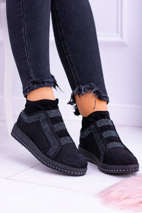Zamszowe Czarne Damskie Obuwie Sportowe z Cyrkoniami Petite