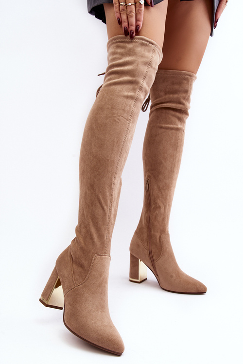 Zamszowe Kozaki Za Kolano Na Słupku Beżowe Amalitas