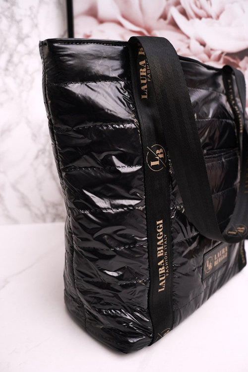 Duża Torba Shopper LAURA BIAGGI Czarna Złote Logo