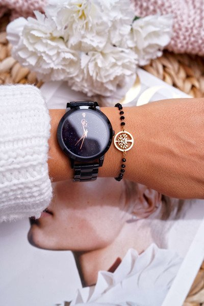 Damska Bransoleta Na Łańcuszku Złota Czarne Koraliki Drzewo Życia Spiritual