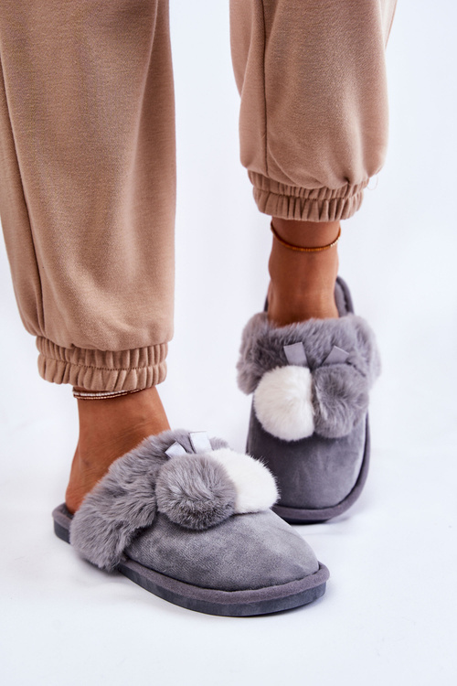 Damskie Papcie Z Pomponami I Futerkiem Szare Sahira