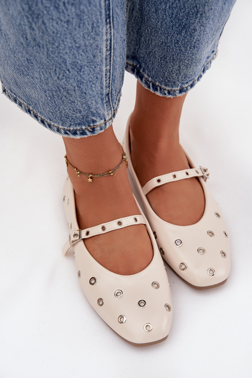 Baleriny Damskie Ze Srebrnymi Elementami Beżowe Marivon