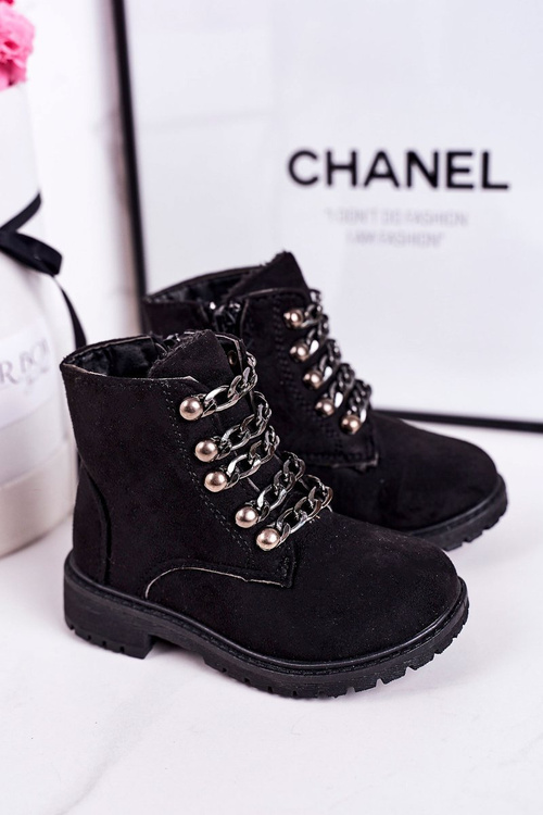 Dziecięce Ocieplane Traperki Eko Zamsz Łańcuch Czarne Rock&Roll