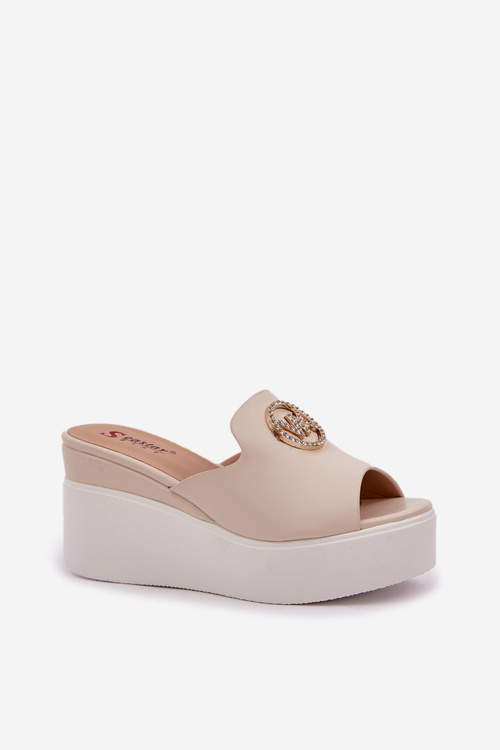 Klapki Na Platformie I Koturnie Z Ozdobą Jasnobeżowe Nanessia