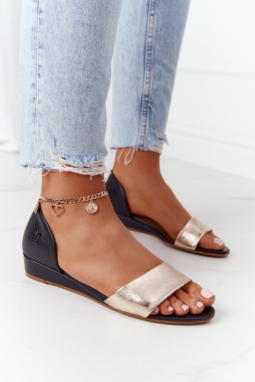 Skórzane Sandały Maciejka 1971-46 Czarno-Złote