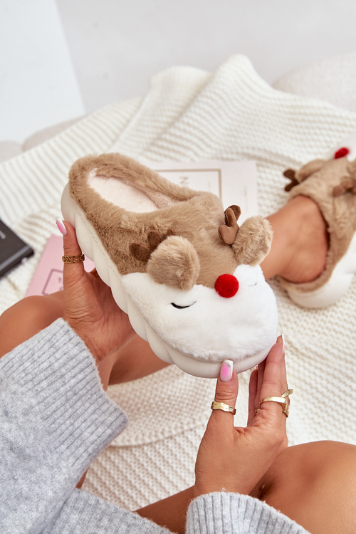 Futrzane Kapcie Damskie Z Motywem Renifera Brązowe Wistira