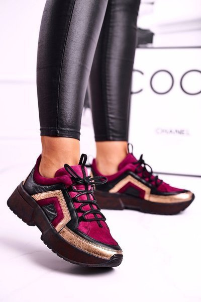 Damskie Półbuty Sneakersy Maciejka Skórzane Bordowe 04731-23