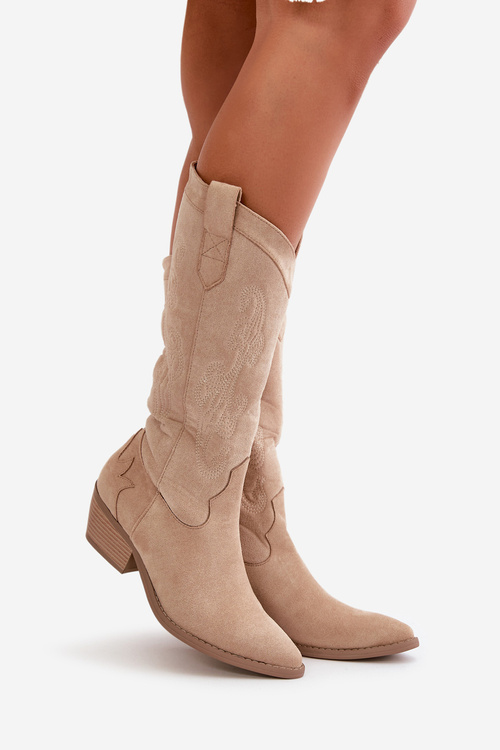 Damskie Kozaki Kowbojki Na Niskim Obcasie Z Eko Zamszu Beżowe Ligelia