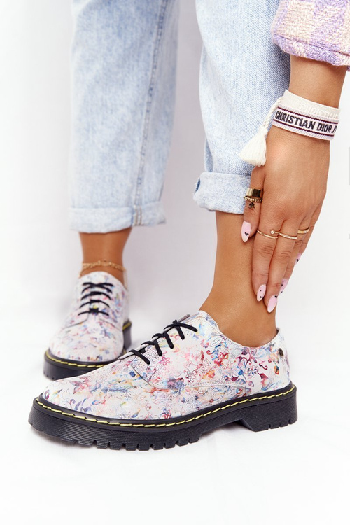 Damskie Skórzane Półbuty Oxfordy Maciejka 04087-38 Białe W Kwiaty