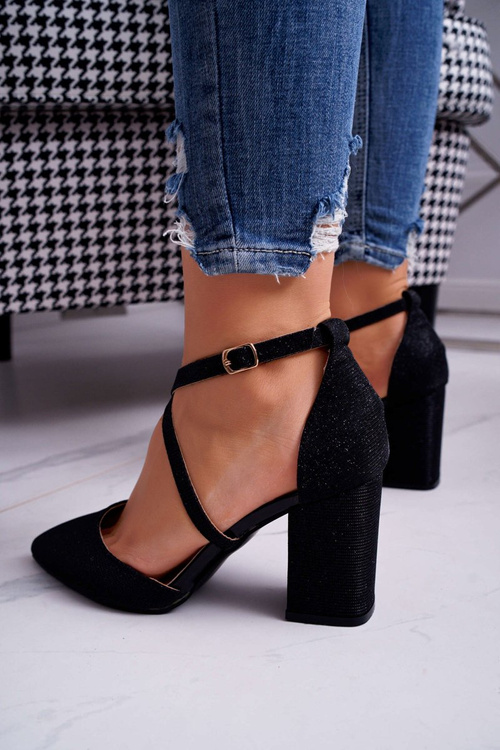 Czółenka Damskie Na Słupku Brokatowe Czarne Trever