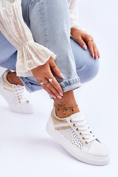 Klasyczne Sportowe Buty Z Ażurowym Wzorem Biało-Złote Happier